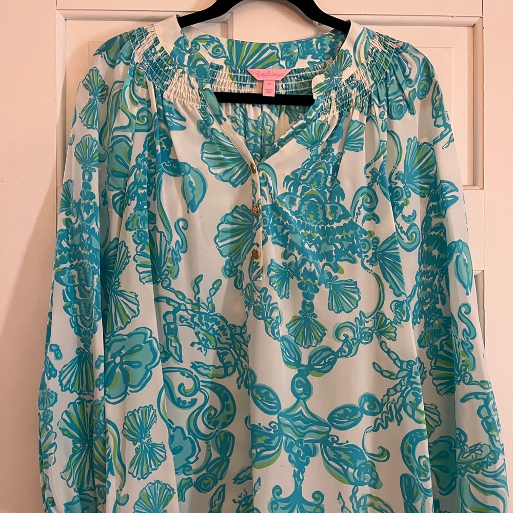 EUC Lilly Pulitzer Elsa Silk Blouse Crab Print Blue Green